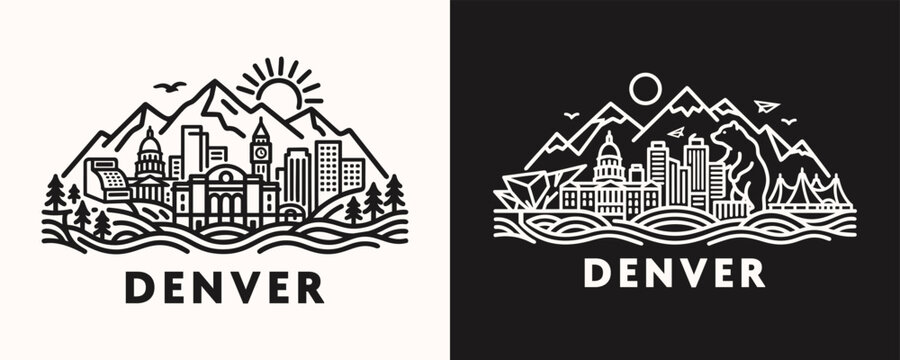 Denver Colorado City Skyline Minimalist Line Art Vector Icon Illustration Set