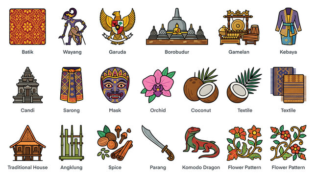 Traditional Indonesian culture symbols and icons