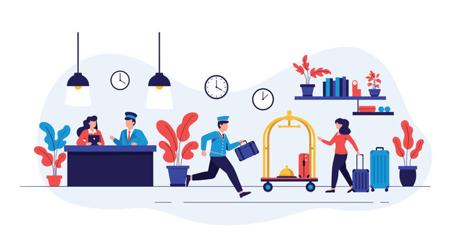 Busy hotel lobby scene with receptionists, a bellboy running with luggage, and a guest with a suitcase in flat style.