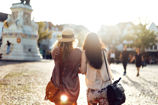 Two female friends enjoying european city tourism