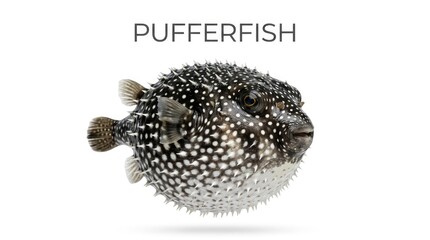 Obraz premium A spiky pufferfish is inflated with air, showcasing its unique defense mechanism. Its body is covered in sharp spines and dotted with white spots against a dark background