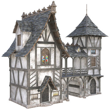3D Rendered detailed medieval timber framed building with stone archway and stained glass windows. Ideal for historical, fantasy, or architectural design projects. 3D illustration