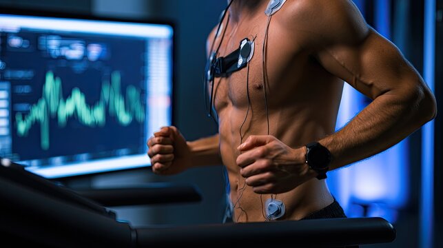 Athlete monitored with electrodes on treadmill, screen displays vital signs