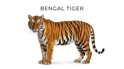 Obraz premium A majestic Bengal tiger stands proudly, showcasing its iconic orange fur and black stripes. This powerful predator is a symbol of untamed wilderness and natural beauty