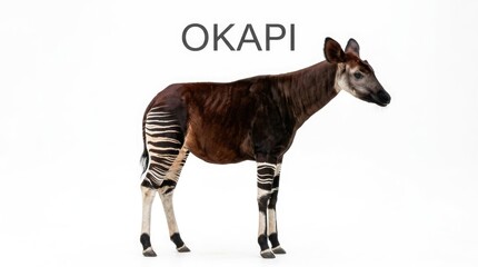 Fototapeta premium An okapi with distinctive zebra-like stripes on its legs and hindquarters stands in profile against a plain background. The okapi has a reddish-brown body and a dark head with long ears