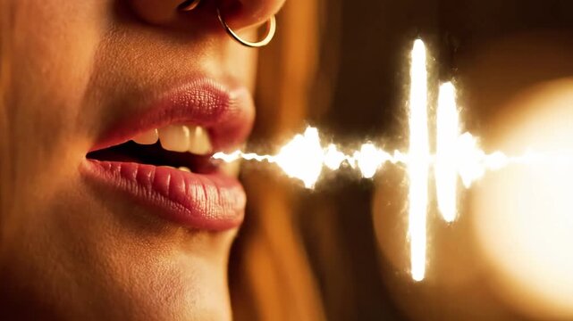A woman's lips are parted as a bright, glowing waveform emerges from her mouth