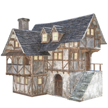 3D Rendered detailed medieval timber framed building with stone archway and stained glass windows. Ideal for historical, fantasy, or architectural design projects. 3D illustration