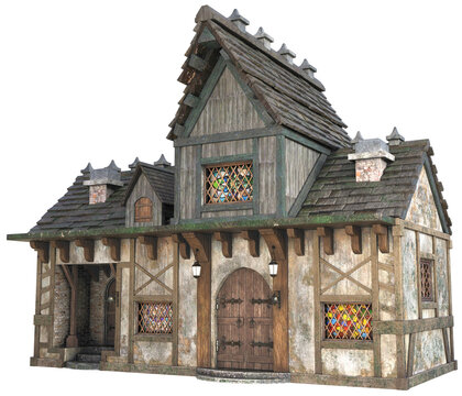 3D Rendered detailed medieval timber framed building with stone archway and stained glass windows. Ideal for historical, fantasy, or architectural design projects. 3D illustration