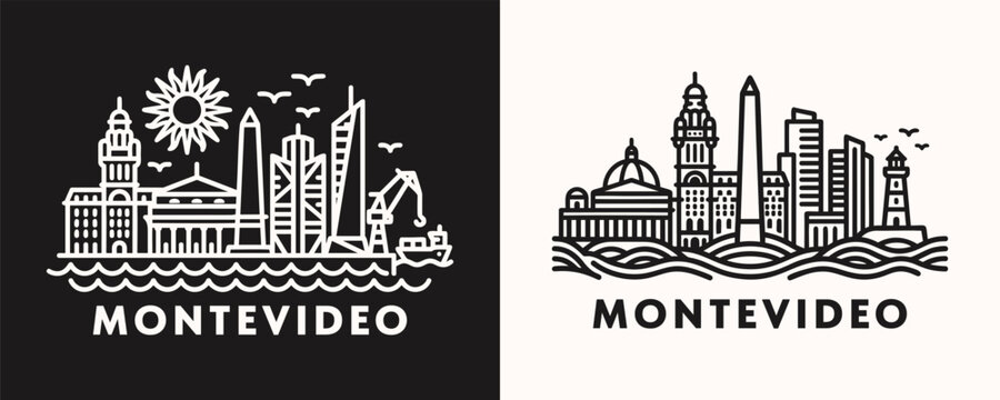 Montevideo Uruguay City Skyline Minimalist Line Art Vector Icon Illustration Set
