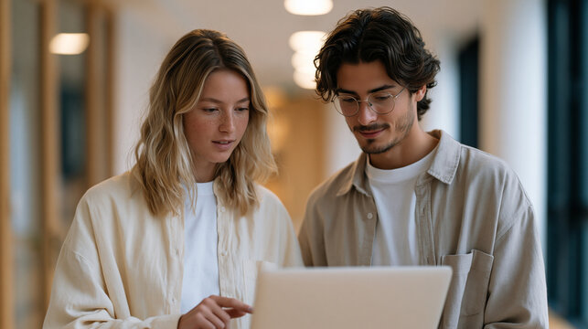 Two AI safety researchers sharing an over-the-shoulder view of alignment test results on a laptop screen in a university corridor, one pointing at a failure mode graph, the