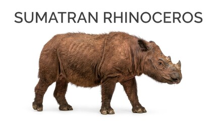 Fototapeta premium Sumatran rhinoceros, a critically endangered species, stands with a thick, rough hide and a single horn