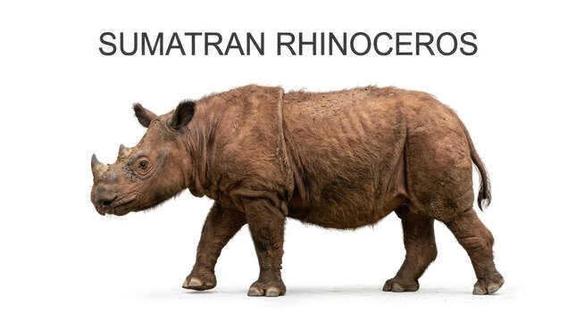 Sumatran rhinoceros walking in front of a white background. This critically endangered species is known for its two horns and thick, leathery skin