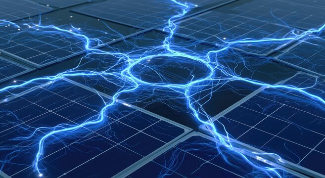 Electric blue energy arcs radiate across a field of solar panels