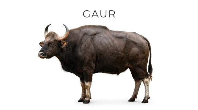 A majestic Gaur bull stands powerfully. Its dark, muscular body is framed by sharp, curved horns, and it looks alert