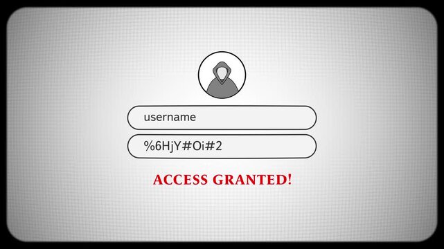 Password cracked by a hacker revealing hidden characters as access is granted, account login security breach