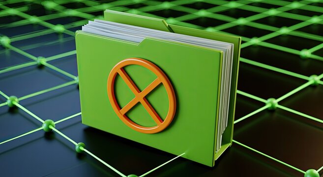 Green folder with red X icon on digital grid network