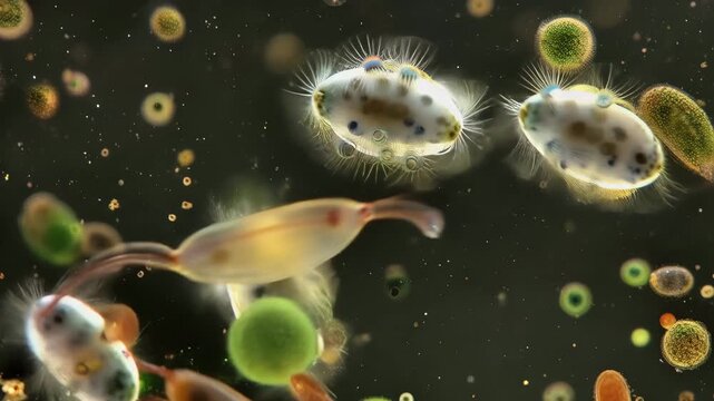 Microscopic Life in Pond Water with Paramecia Swimming