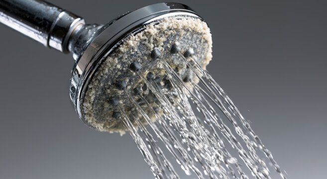Close-up of a showerhead with mineral deposits spraying water
