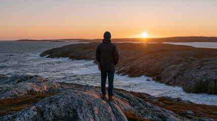 Fototapeta premium autumn equinox coastal wide shot with solitary figure standing on cliff edge watching equinox sunrise, golden horizontal light stretching across headland, journaling notebook in