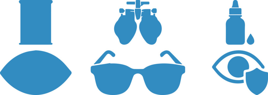 Ophthalmology medical icons set, blue optometry equipment symbols, eye care and vision correction vector illustrations for clinic signage