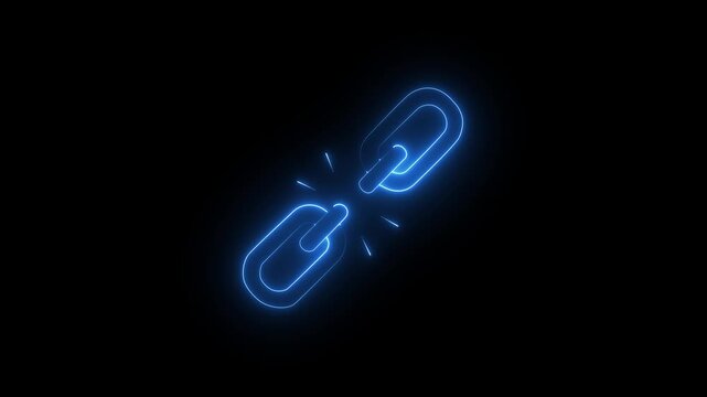 Glowing neon unlink icon isolated on black background. broken Link icon.4K Animation Video.