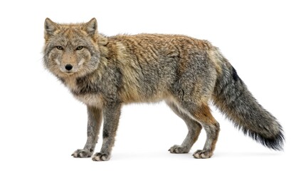 Obraz premium A charming fox standing on a white background, its fur a mix of grey and brown tones, with its eyes closed and a gentle smile.