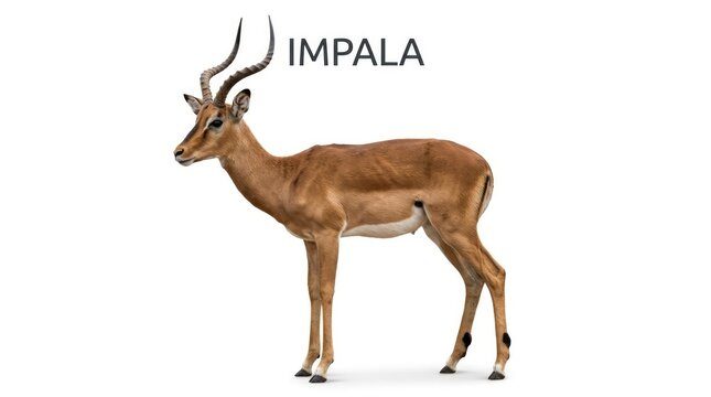 An impala stands with its elegant curved horns and lean body, captured against a clean backdrop. The word IMPALA is displayed above the animal, identifying the subject