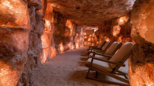 Serene, warm-lit salt cave with chaise lounges for relaxation