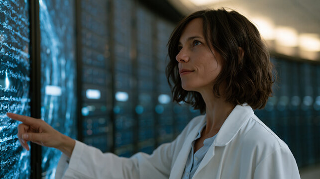 Astrophysicist woman standing alone beside towering supercomputer arrays in dimly lit research facility, manipulating holographic event horizon simulation where gravitational