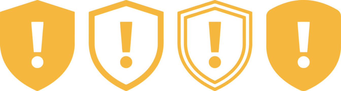 Set of four yellow shield with exclamation marks for security and safety alerts, isolated on a white background, for digital interface