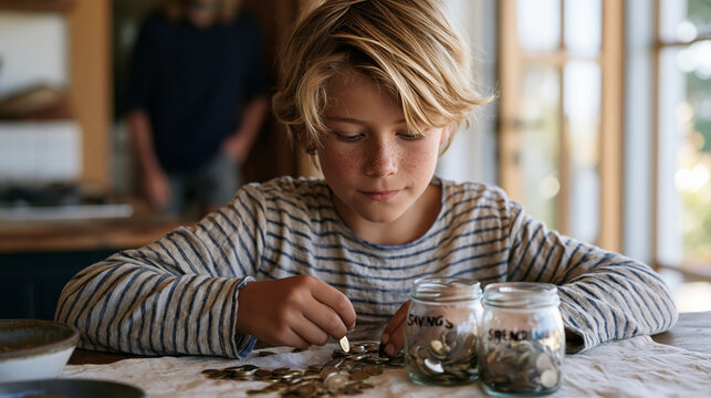 Ten-year-old child sits at kitchen table carefully sorting coin denominations into labeled jars marked savings, spending, and giving, parent watching from doorway, financial