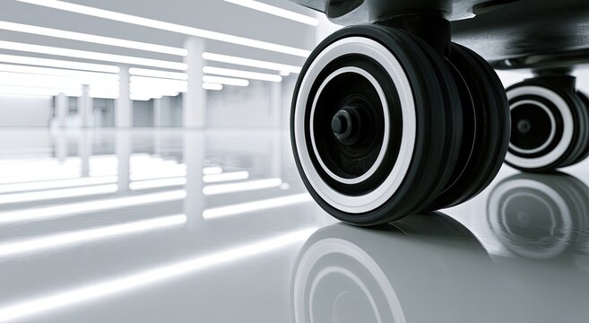 Close-up of sleek, modern luggage wheels on a highly reflective, minimalist floor