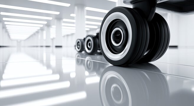 Close up of rolling luggage wheels in a clean, modern, and brightly lit hall
