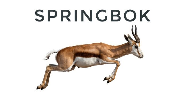 A springbok leaps gracefully in mid-air, showcasing its speed and agility. The animal is captured against a plain background, highlighting its dynamic movement and distinctive markings