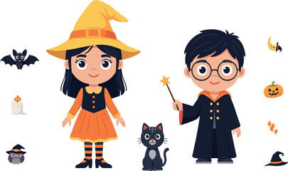 Cute Halloween vector illustration featuring kids dressed in wizard and witch costumes with a black cat bat owl pumpkin candy and magic wand over white.