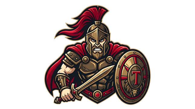 Fierce trojan warrior mascot with sword and shield