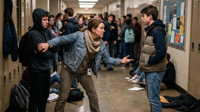 Teacher scolding and separating two teenage students fighting in a crowded school hallway