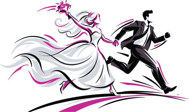 Eloping couple running away illustration wedding escape newlyweds adventure