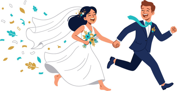 Joyful cartoon bride and groom running together on their wedding day