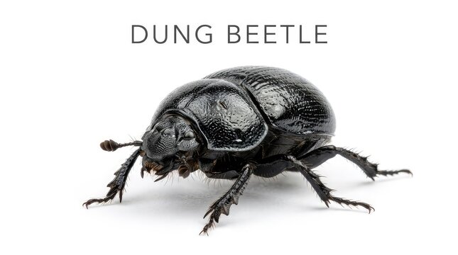 A close-up shot of a black dung beetle against a white background