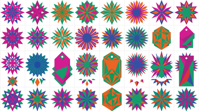 Geometric starburst and crystal pattern set colorful vector graphics