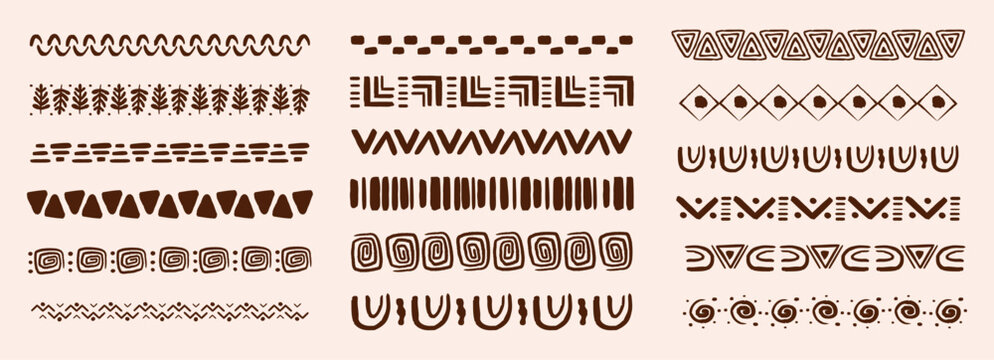 Tribal African folk border, decorative ethnic motif hand drawn doodle set. Tribal geometric design. Aztec art dividers, trendy boho separators.