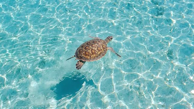 Aerial tracking shot of sea turtle swimming and gliding over shallow turquoise reef in clear tropical ocean water during calm daytime
