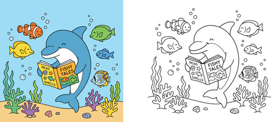 Cute cartoon dolphin reading book underwater with fish and coral reef, coloring page and colored version vector illustration set for kids activity.