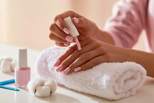 Soft focus, gentle hands applying pale pink polish to nails