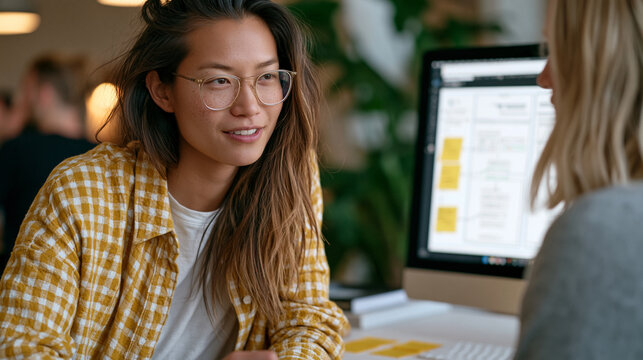 Midcareer UX researcher and an AI assistant tool collaborating on user journey mapping, the researcher annotating sticky notes while the model populates a digital flowchart on