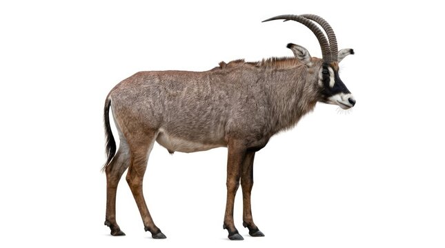 A roan antelope stands majestically, showcasing its impressive curved horns and sturdy build. This wild creature, with its characteristic markings.