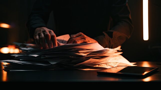 A shadowy figure's hands sort through a vast stack of documents