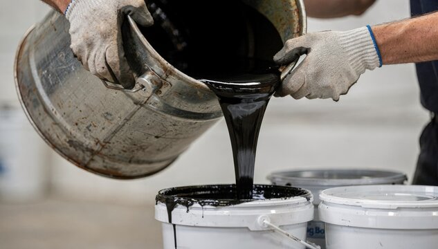 Medium shot capturing coldapplied asphalt primer being transferred into containers showcasing the liquids smooth flow and manual handling techniques.