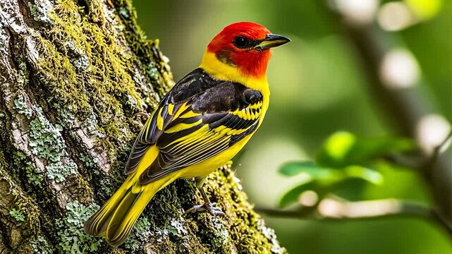 Colorful exotic bird resting on tree trunk in forest habitat
